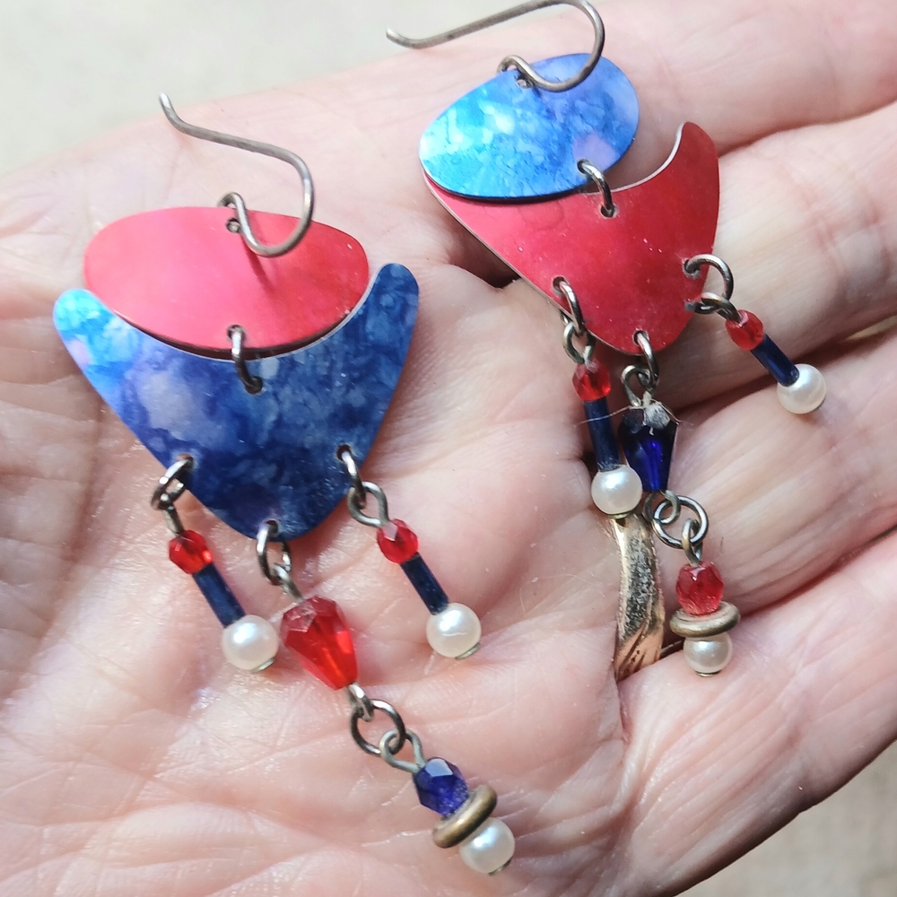 Red & Blue Mixed-Media Dangle Earrings